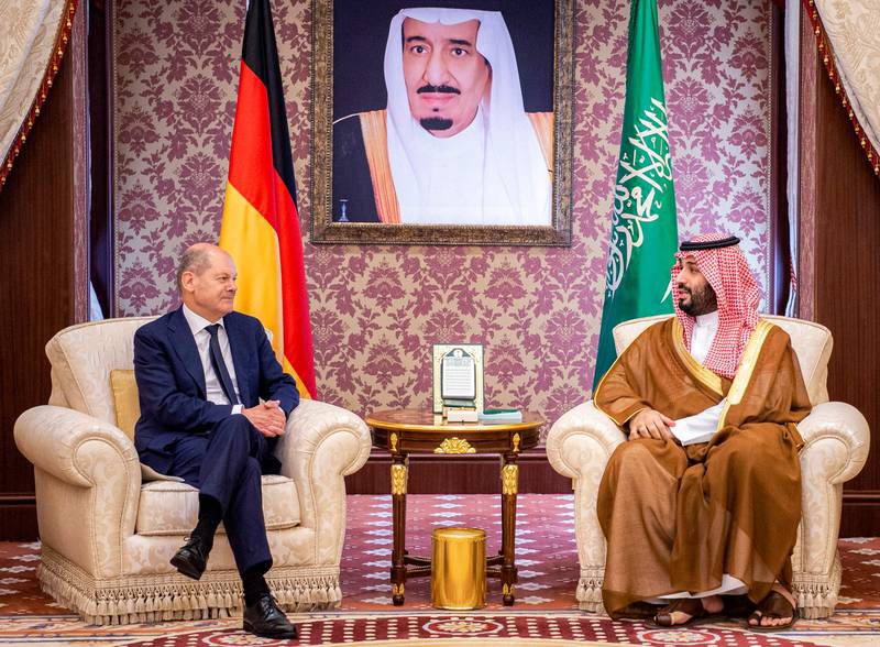 Saudi Arabia's Crown Prince Mohammed bin Salman receives Chancellor Olaf Scholz at Al Salam Palace in the Red Sea city of Jeddah as part of the German leader's two-day visit to the Arabian Gulf. AFP
