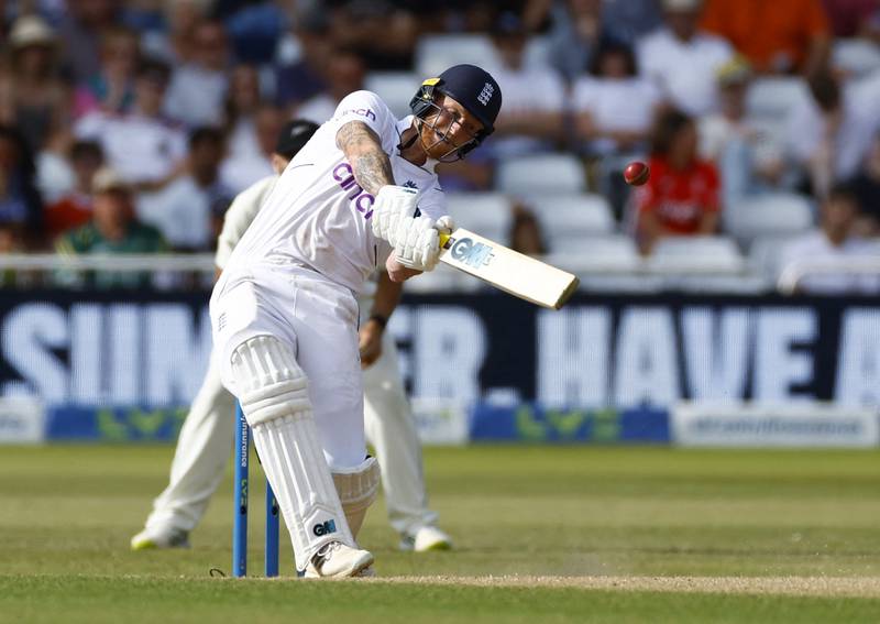 England batter Ben Stokes hits a six off the bowling of New Zealand's Trent Boult. Reuters