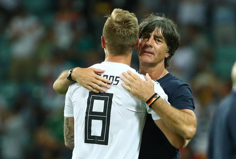 Soccer Football - World Cup - Group F - Germany vs Sweden - Fisht Stadium, Sochi, Russia - June 23, 2018   Germany's Toni Kroos celebrates after the match with coach Joachim Low     REUTERS/Michael Dalder