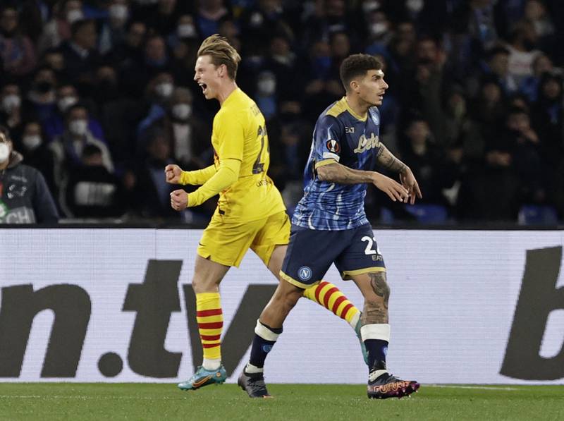 Barcelona's Frenkie de Jong celebrates scoring against Napoli. Reuters