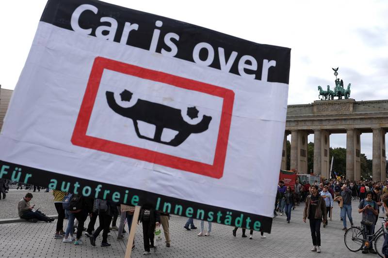 A placard reads "car is over" in front of the Brandenburg Gate during the Global Climate Strike of the movement Fridays for Future in Berlin, Germany. Reuters