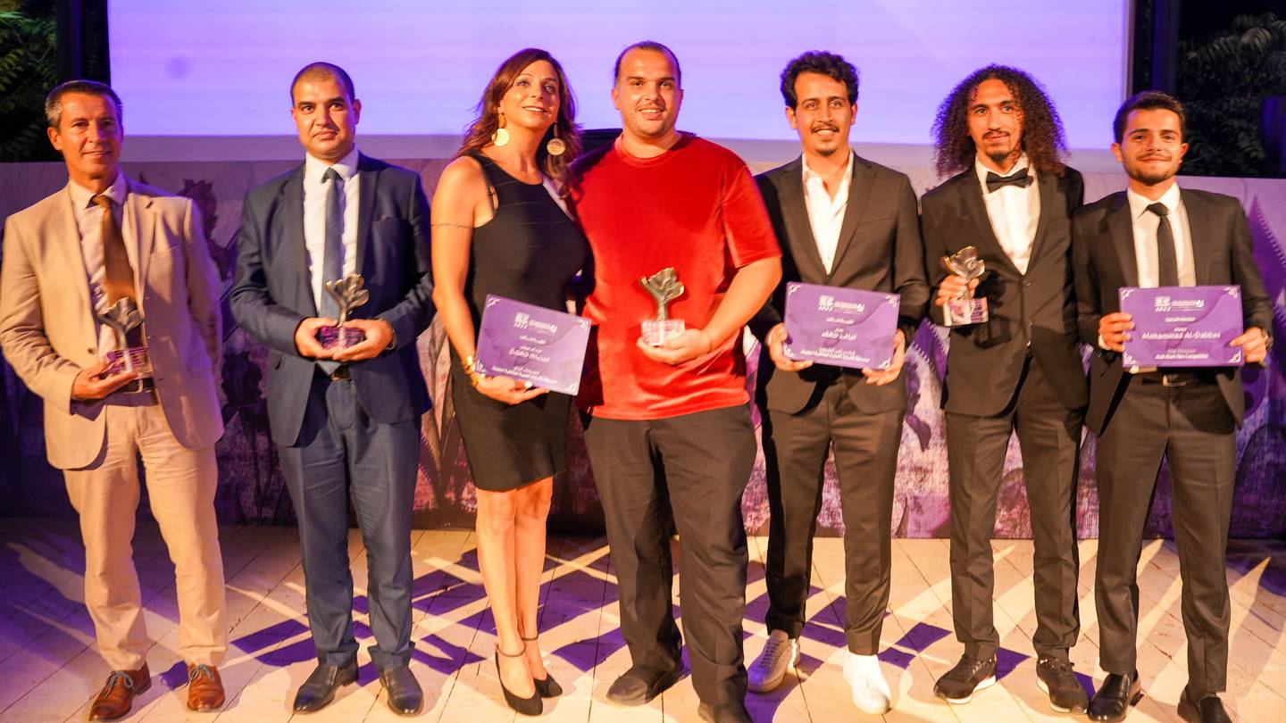 From the left, the French Cultural attache, the Algerian Ambassador representing Mourad Hamla, Zeina Daccache, Salah Issaad, Akram Saadoon, Abdallah Al-Khatib and Mohammad Dabbas. Photo: Amman International Film Festival