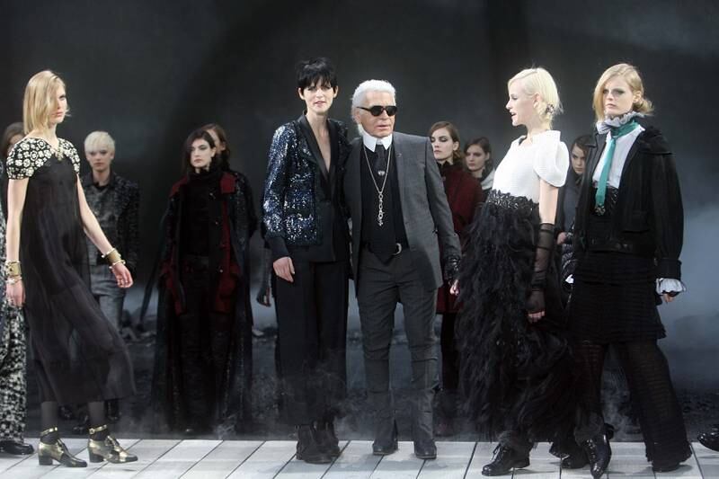PARIS. March 2011.CHANEL. Paris Fashion Week Autumn/Winter 2011  Designer Karl Lagerfeld with British model Stella Tennant at the end of his show for Chanel  in Paris.  Stephen Lock  for The National.  FOR ARTS & LIFE