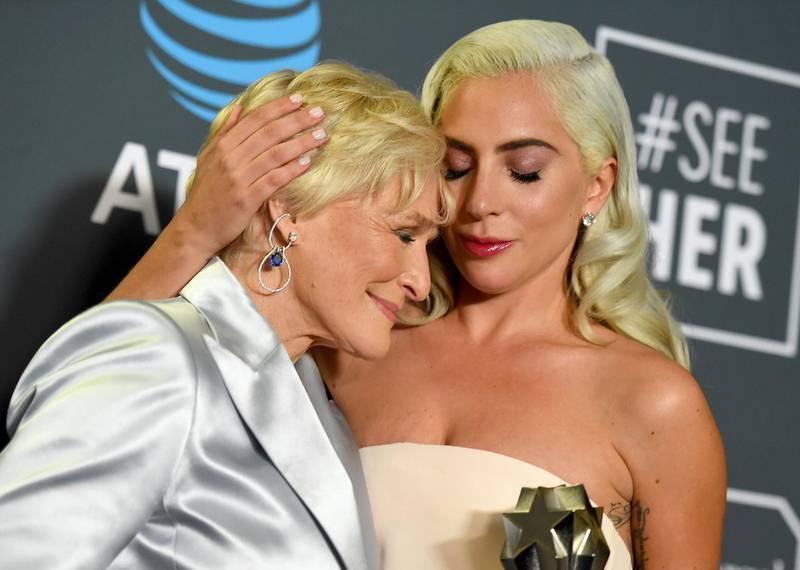 Glenn Close, left, and Lady Gaga, winners in a tie for the best actress award, hug in the press room at the 24th annual Critics' Choice Awards on Sunday, Jan. 13, 2019, at the Barker Hangar in Santa Monica, Calif. Close won for her role in "The Wife" and Lady Gaga won for her role in "A Star Is Born." (Photo by Jordan Strauss/Invision/AP)