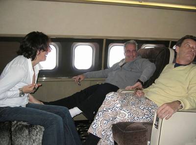 Epstein, Maxwell and French model agent Jean-Luc Brunel on the financier's private jet, the 'Lolita Express'.  Brunel died in prison in February while awaiting charges including raping minors. Photo: Shutterstock