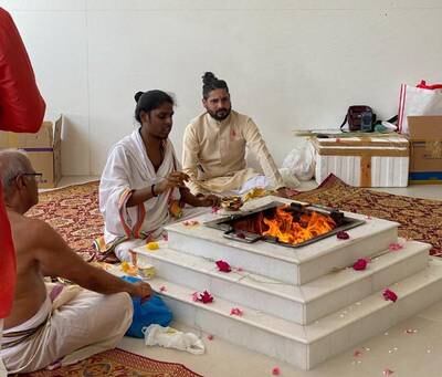 Srinivasan Ramanujam celebrates his 80th birthday with a prayer ceremony. Photo: Srinivasan family 
