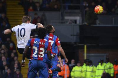 Harry Kane of Spurs heads in the team’s equalising 1-1 goal against Crystal Palace on Saturday. Glyn Kirk / AFP