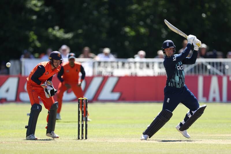 Jason Roy on his way to an unbeaten century as England defeated the Netherlands by eight wickets in the third one-day international at VRA Cricket Ground in Amstelveen on Wednesday, June 22, 2022. Getty