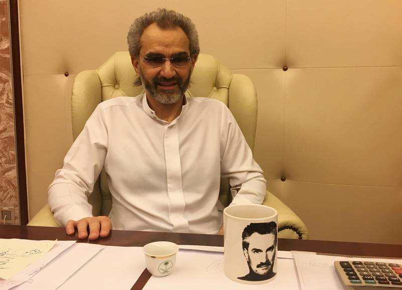 Saudi Arabian billionaire Prince Alwaleed bin Talal sits for an interview with Reuters in the office of the suite where he has been detained at the Ritz-Carlton in Riyadh, Saudi Arabia. Katie Paul / Reuters