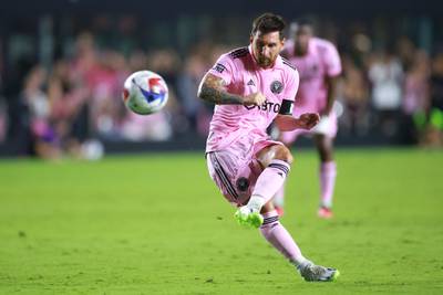 Lionel Messi takes a free kick against Orlando City. AFP