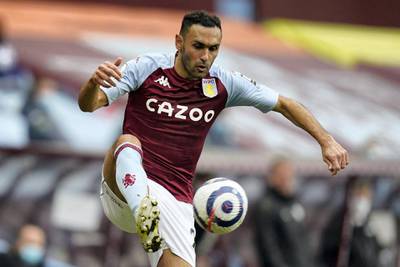 Aston Villa's Egyptian defender Ahmed Elmohamady controls the ball during the English Premier League football match between Aston Villa and Leicester City at Villa Park in Birmingham, central England on February 21, 2021. (Photo by Tim Keeton / POOL / AFP) / RESTRICTED TO EDITORIAL USE. No use with unauthorized audio, video, data, fixture lists, club/league logos or 'live' services. Online in-match use limited to 120 images. An additional 40 images may be used in extra time. No video emulation. Social media in-match use limited to 120 images. An additional 40 images may be used in extra time. No use in betting publications, games or single club/league/player publications. / 