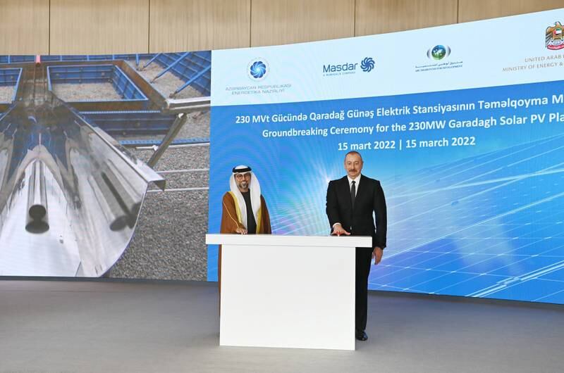Azerbaijan's President Ilham Aliyev and UAE Minister of Energy and Infrastructure Suhail Al Mazrouei at the groundbreaking ceremony in Baku. Photo: Masdar