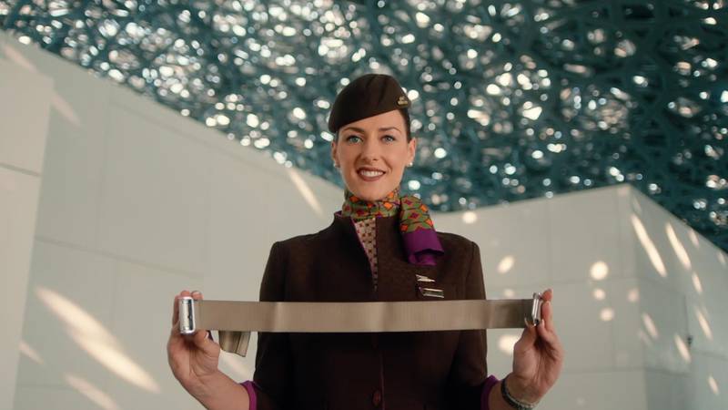 A scene from Etihad's new safety video, which was shot at Louvre Abu Dhabi. Courtesy Etihad