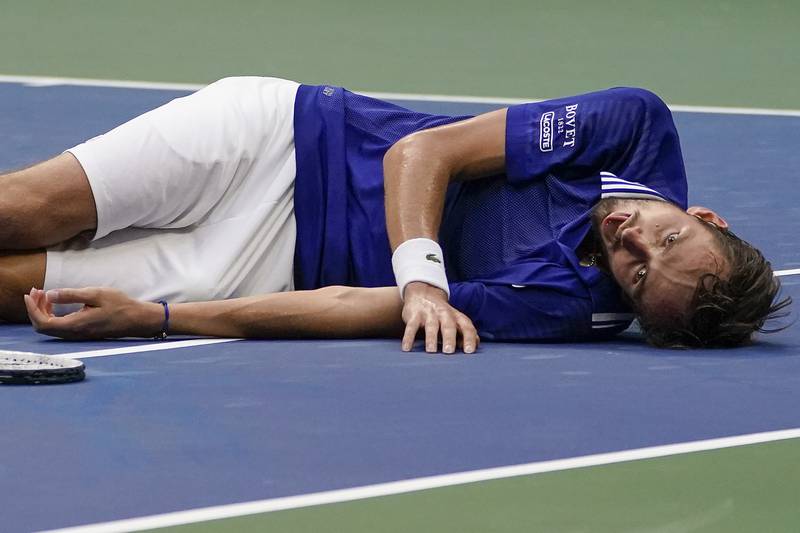 Daniil Medvedev, of Russia, reacts after defeating Novak Djokovic, of Serbia, in the men's singles final. AP Photo