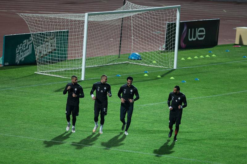 From left: Goalkeepers Amer Amer, Mohamed Bssam, Mohamed El Shenawi and Mahmoud Genesh take part in a training session for the Egypt national team in Cairo ahead of the Africa Cup of Nations qualification match against Kenya.