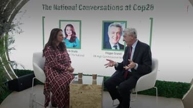 UN Commissioner for Refugees Filippo Grandi, in conversation with The National's Editor in Chief, Mina Al-Oraibi, said the specific needs of those displaced due to climate change and conflict deserved to be recognised. Wajod Alkhamis / The National