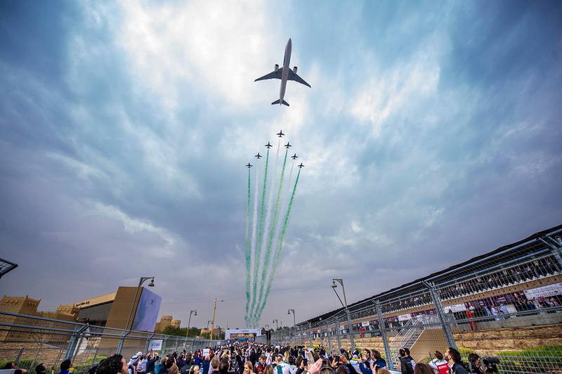 A spectacular flypast heralded the 2018 'Saudia' Ad Diriyah E-Prix. Photo by Sportscode Images 