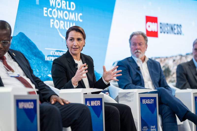Mariam Al Mheiri, Minister of Climate Change and Environment, speaking at the Averting a Global Food Crisis session at Davos. Photo: World Economic Forum Flickr