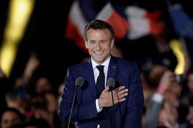 French President Emmanuel Macron arrives to deliver a speech after being re-elected, in Paris, France, on April 24. Reuters