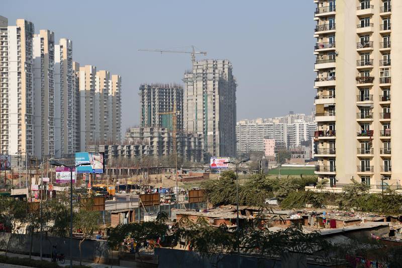 DELHI, INDIA - JANUARY 7 : Construction site in Noida, short for the New Okhla Industrial Development Authority. It is an extension of Delhi, the capital of India on January 7, 2018 in Delhi, India. (Photo by FrÃ©dÃ©ric Soltan/Corbis via Getty Images)