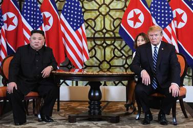 US President Donald Trump and North Korea's leader Kim Jong Un hold a meeting during the second US-North Korea summit in Hanoi. AFP