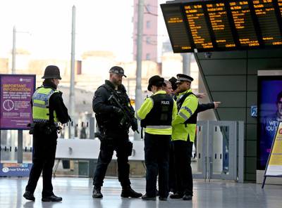 epa07257007 A general view of armed police officers at Manchester Victoria Metrolink station, in Manchester, north west England, 01 January 2019, following the stabbing of three people, including a police officer at the station on 31 December 2018. Greater Manchester Police report that, British Transport Police officers at Victoria Train Station on 31 December 2018, responded to a man armed with a knife and swiftly detained him. The officers acted with incredible bravery in tackling the armed attacker at the busy Metrolink station and ensured he was immediately detained. He remains in custody in Manchester. The incident is being treated as a terrorist investigation which is being led by counter terrorism officers with support from Greater Manchester Police. They were working throughout the night to piece together the details of what happened and to identify the man who was arrested.  EPA/NIGEL RODDIS