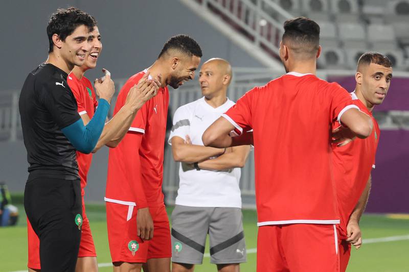 Morocco's players attend a training session at the Al Duhail SC Stadium in Doha on December 5, 2022, on the eve of the Qatar 2022 World Cup Round of 16 football match between Morocco and Spain.  (Photo by KARIM JAAFAR  /  AFP)