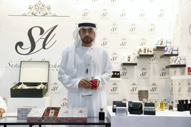 ABU DHABI , UNITED ARAB EMIRATES , SEP 13  ��� 2017 : - Suhail Fadhel Alhashmi , Chairman at the Suhail Al Hashmi perfumes stand in the ADIHEX 2017 held at  Abu Dhabi National Exhibition Centre in Abu Dhabi. ( Pawan Singh / The National ) Story by Anna