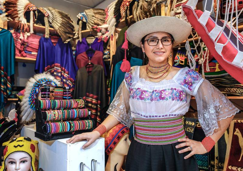 Abu Dhabi, United Arab Emirates, January 5, 2020.  Photo essay of Global Village.--  Ginna Florez, Ecuador, sells hand made garments from Ecuador.  She has been working at t he Americas Pavillion for two years now.Victor Besa / The NationalSection:  WKReporter:  Katy Gillett