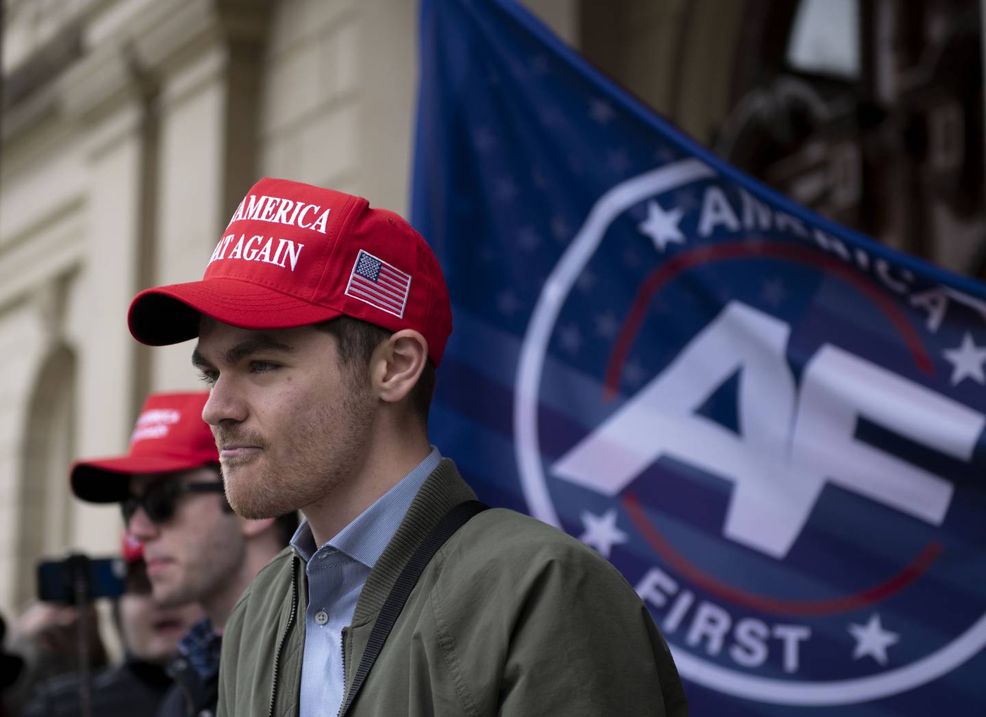 Nick Fuentes, a white supremacist and Holocaust denier, holds a rally in Lansing, Michigan, in 2020. AP