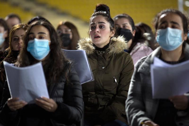 Choristers from a joint Kurdish and Christians orchestra and choir rehearse at Erbil international Stadium for the visit of Pope Francis to the capital of the Kurdistan region in Iraq. EPA
