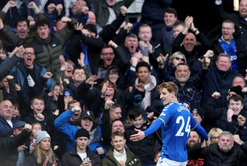 Anthony Gordon celebrates scoring the openng goal for Everton against Manchester United at Goodison Park, Liverpool, UK. Reuters