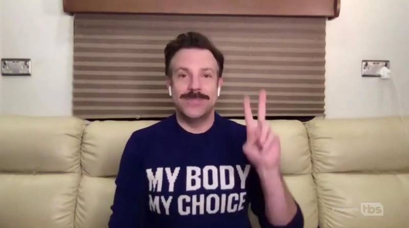 Jason Sudeikis wins the Actor for Outstanding Performance by a Male Actor in a Comedy Series for "Ted Lasso" in this screen grab from the 27th Annual Screen Actors Guild Awards in Los Angeles, California, U.S., April 4, 2021. SAG Awards Handout via REUTERS ATTENTION EDITORS - THIS IMAGE HAS BEEN SUPPLIED BY A THIRD PARTY. NO RESALES. NO ARCHIVES.