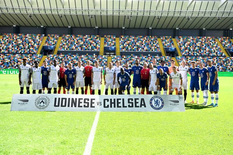 The teams line up prior to the match at Dacia Arena. Getty