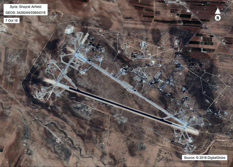 This image released by the US Department of Defense, shows the Shayrat airfield in Syria on October 7, 2016. - US President Donald Trump ordered a massive military strike on a Syrian air base on Thursday in retaliation for a "barbaric" chemical attack he blamed on President Bashar al-Assad. The US military fired dozens of cruise missiles at the Shayrat Airfield at 8:45 pm Eastern Time (0000 GMT), officials said. (Photo by HO / US Department of Defense / AFP) / RESTRICTED TO EDITORIAL USE - MANDATORY CREDIT "AFP PHOTO / US Department of Defense" - NO MARKETING NO ADVERTISING CAMPAIGNS - DISTRIBUTED AS A SERVICE TO CLIENTS