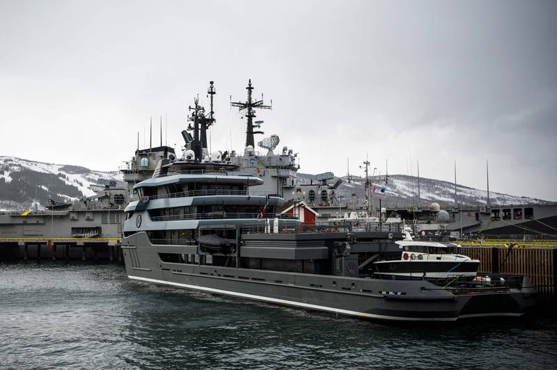 A 68-metre luxury yacht called 'Ragnar', owned by a former KGB officer Vladimir Strzhalkovsky, is pictured at the quay in Narvik, north Norway. AFP