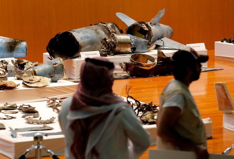 The Saudi military displays what they say are an Iranian cruise missile and drones used in recent attack on its oil industry at Saudi Aramco's facilities, during a press conference in Riyadh, Saudi Arabia, Wednesday, September 18, 2019.  AP Photo