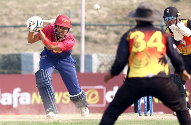 Aryan Lakra of UAE plays a shot against PNG at the TU International Cricket Stadium in Kathmandu