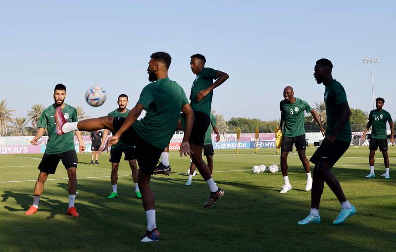 Saudi Arabia's players train for Saturday's match against Poland. AFP