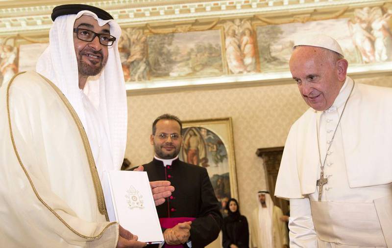 Crown Prince of Abu Dhabi and Deputy Supreme Commander of the UAE Armed Forces, Sheikh Mohamed bin Zayed, and Pope Francis exchange gifts at the Vatican. Claudio Peri / Pool Photo via AP