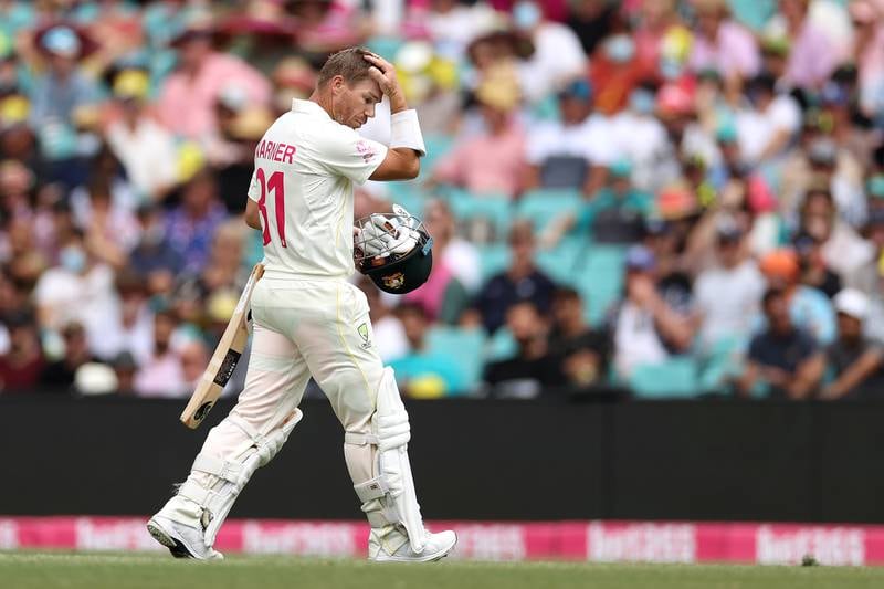 David Warner of Australia reacts after losing his wicket. Getty Images