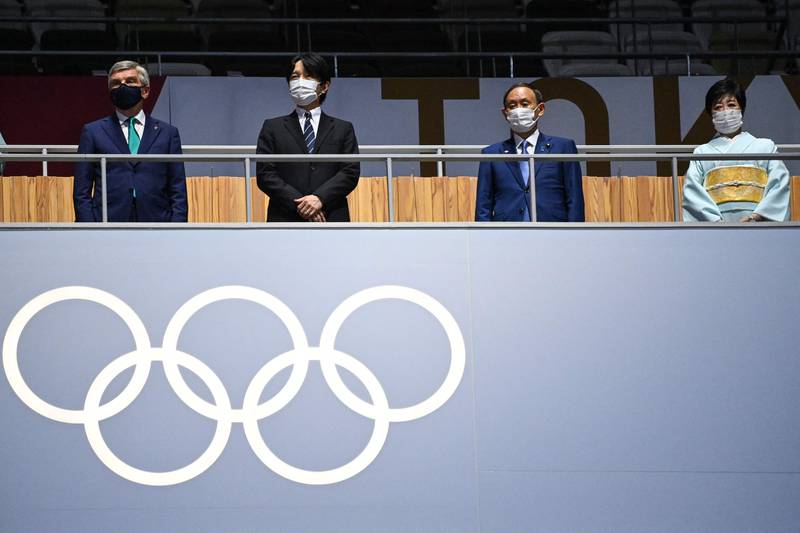 From left: President of the IOC Thomas Bach, Japan's Emperor Naruhito, Japan's Prime Minister Yoshihide Suga and Tokyo Governor Yuriko Koike attend the closing ceremony.