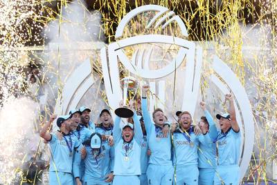England's Eoin Morgan and teammates celebrate after beating New Zealand to win the 2019 World Cup. Reuters