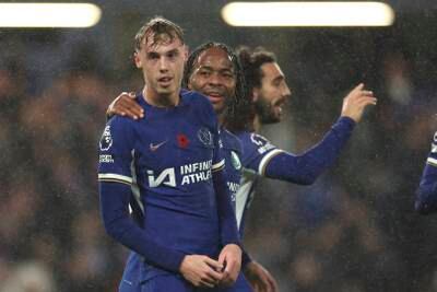 Chelsea's Cole Palmer, left, celebrates after scoring his side's fourth goal in the 4-4 Premier League draw against Manchester City at Stamford Bridge on Sunday, November 12, 2023. AP