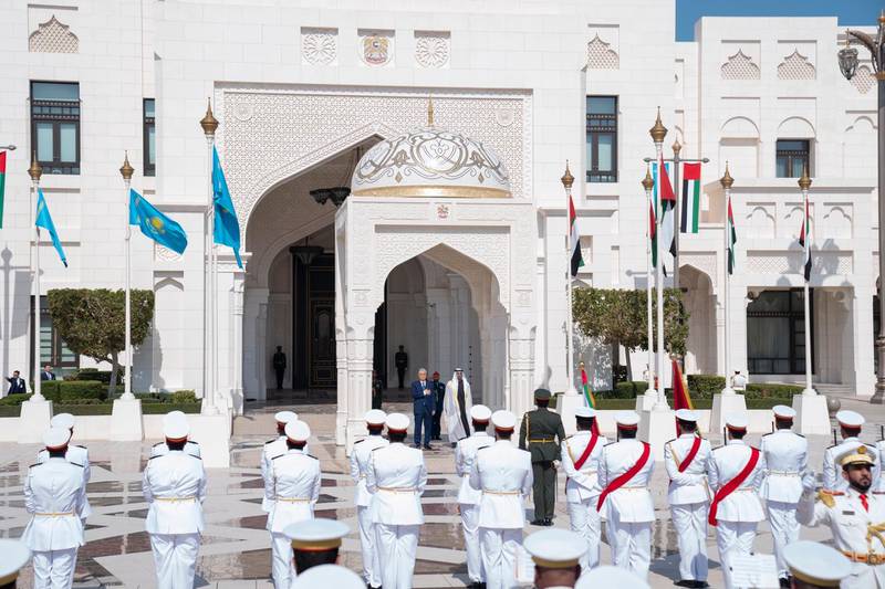 Sheikh Mohamed bin Zayed, Crown Prince of Abu Dhabi and Deputy Supreme Commander of the Armed Forces, welcomes Kassym-Jomart Tokayev, President of Kazakhstan, to the Presidential Palace. Courtesy Sheikh Mohamed bin Zayed Twitter