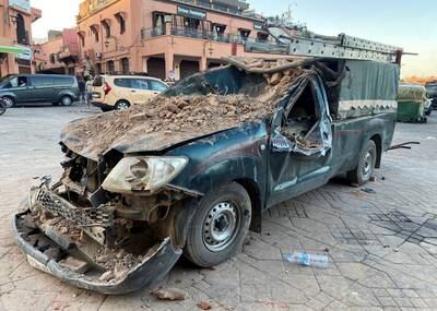 A damaged vehicle is pictured in the historic city of Marrakesh, following a powerful earthquake in Morocco on Friday. Reuters