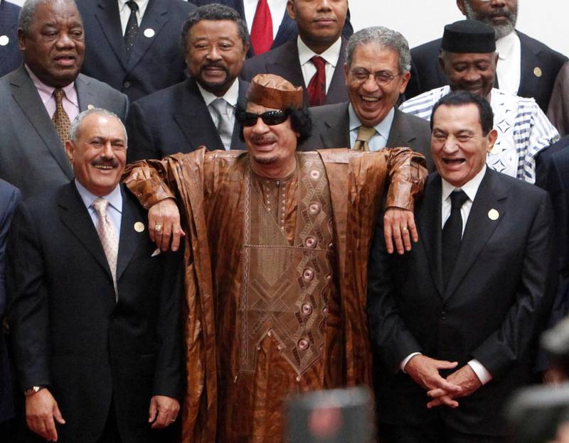 Hosni Mubarak with other Arab leaders who lost power during widespread protests in the region; Libya's  Muammar Qaddafi, centre, and  then Yemeni President Ali Abdullah Saleh at the second Afro-Arab Summit in Sirte, Libya October 10, 2010. Reuters