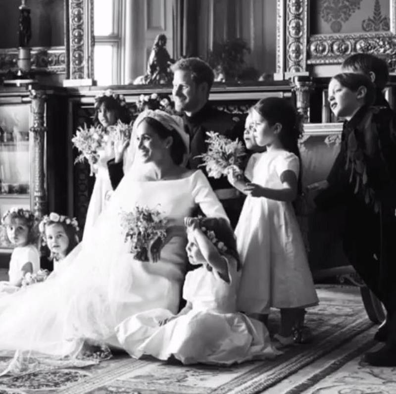 A newlywed Meghan Markle and Prince Harry with their flower girls and pageboys. Instagram / Sussex Royal