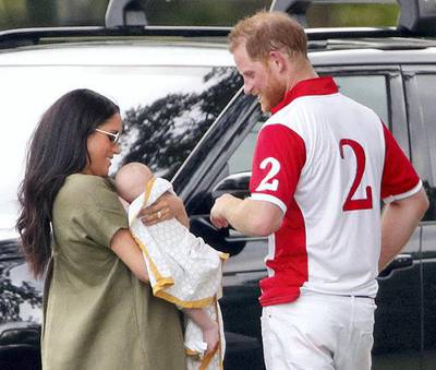 WOKINGHAM, UNITED KINGDOM - JULY 10: (EMBARGOED FOR PUBLICATION IN UK NEWSPAPERS UNTIL 24 HOURS AFTER CREATE DATE AND TIME) Meghan, Duchess of Sussex, Archie Harrison Mountbatten-Windsor and Prince Harry, Duke of Sussex attend the King Power Royal Charity Polo Match, in which Prince William, Duke of Cambridge and Prince Harry, Duke of Sussex were competing for the Khun Vichai Srivaddhanaprabha Memorial Polo Trophy at Billingbear Polo Club on July 10, 2019 in Wokingham, England. (Photo by Max Mumby/Indigo/Getty Images)
