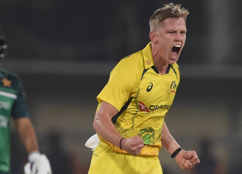 Australia's Nathan Ellis celebrates after taking the wicket of Pakistan's Imam-ul-Haq.